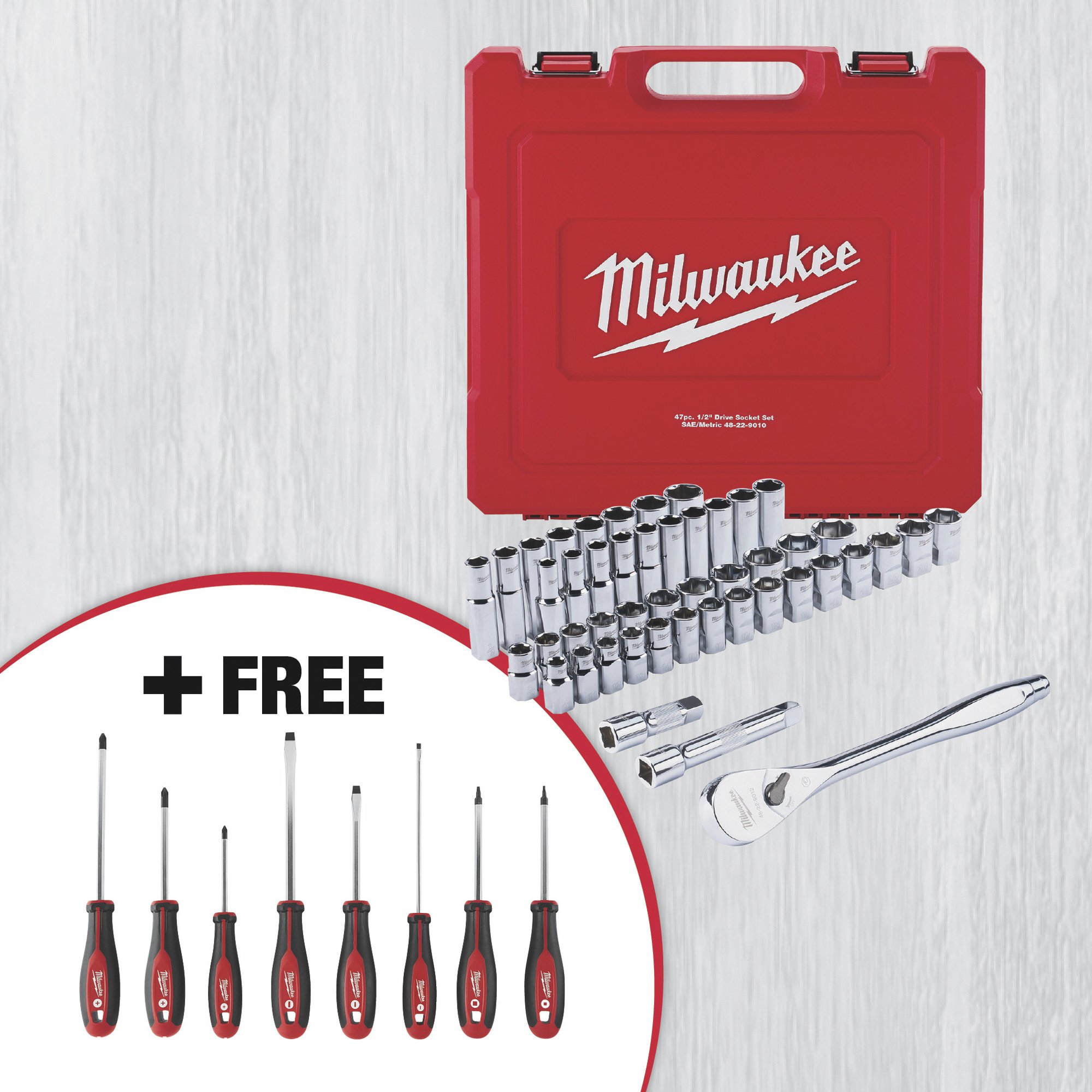 SPECIAL BUY! Milwaukee 47-Pc. SAE & Metric 1/2in.-Drive Ratchet and Socket Set (48-22-9010) with <b>FREE</b> 18-Pc. Screwdriver Set!